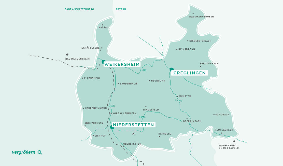 Übersichtskarte der Sozialstation MTK mit markiertem Versorgungsgebiet und eingezeichneten Ortsgrenzen.